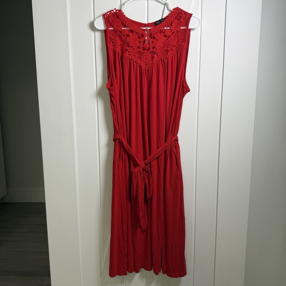 Lane Bryant Fit & Flare Red Dress Size 18/20 Sleeveless Crochet Yoke Midi